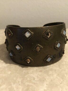 Bronze Deep Antique Gold metal Cuff Bangle with White Opal Cream Faux Gemstones